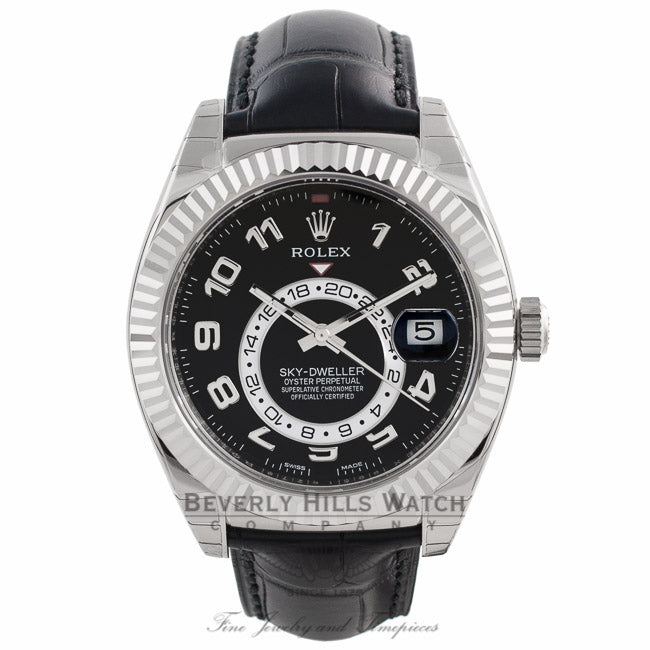 Rolex Sky Dweller Black Dial 18k White Gold Fluted Bezel Black Leather Strap 326139 YJCK23 - Beverly Hills Watch Company Watch Store