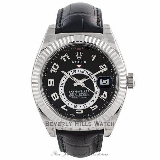 Rolex Sky Dweller Black Dial 18k White Gold Fluted Bezel Black Leather Strap 326139 YJCK23 - Beverly Hills Watch Company Watch Store