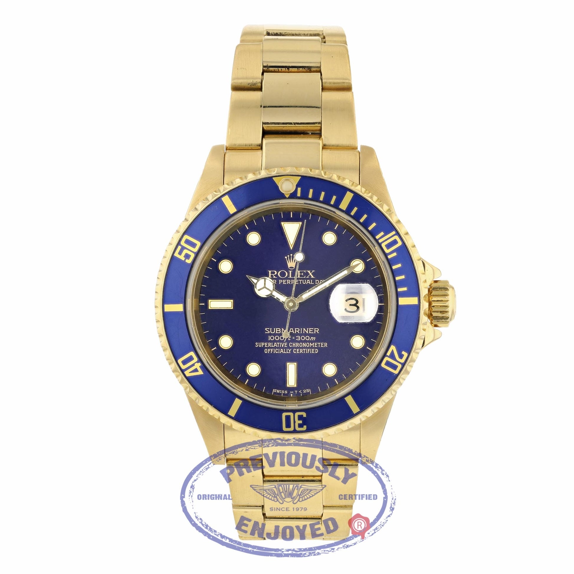 Rolex Submariner Yellow Gold Blue Dial Blue Bezel Oyster Bracelet 16618 Q30TFE