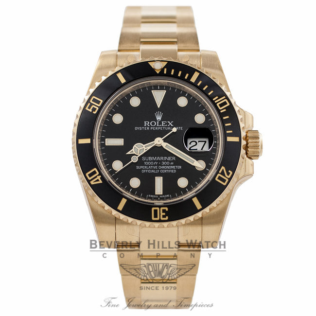 Rolex Submariner 18K Yellow Gold Oyster Bracelet Ceramic Bezel Black Dial Watch 116618 AQ01WZ - Beverly Hills Watch Company Watch Store