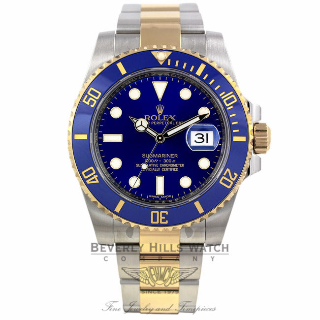 Rolex Submariner Stainless Steel and Yellow  Blue Dial and Bezel 116613 67VK76 - Beverly Hills Watch Company