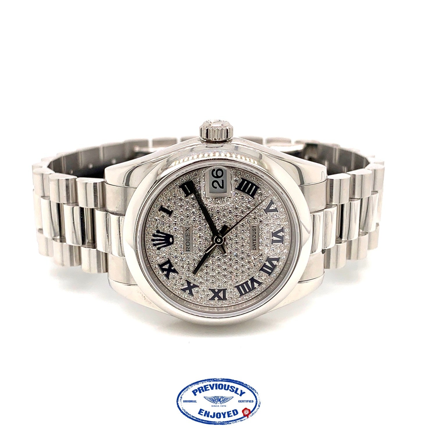 Rolex 31mm Platinum Datejust President Bracelet Pave Dial 178246 MRXYZM