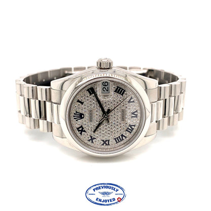 Rolex 31mm Platinum Datejust President Bracelet Pave Dial 178246 MRXYZM