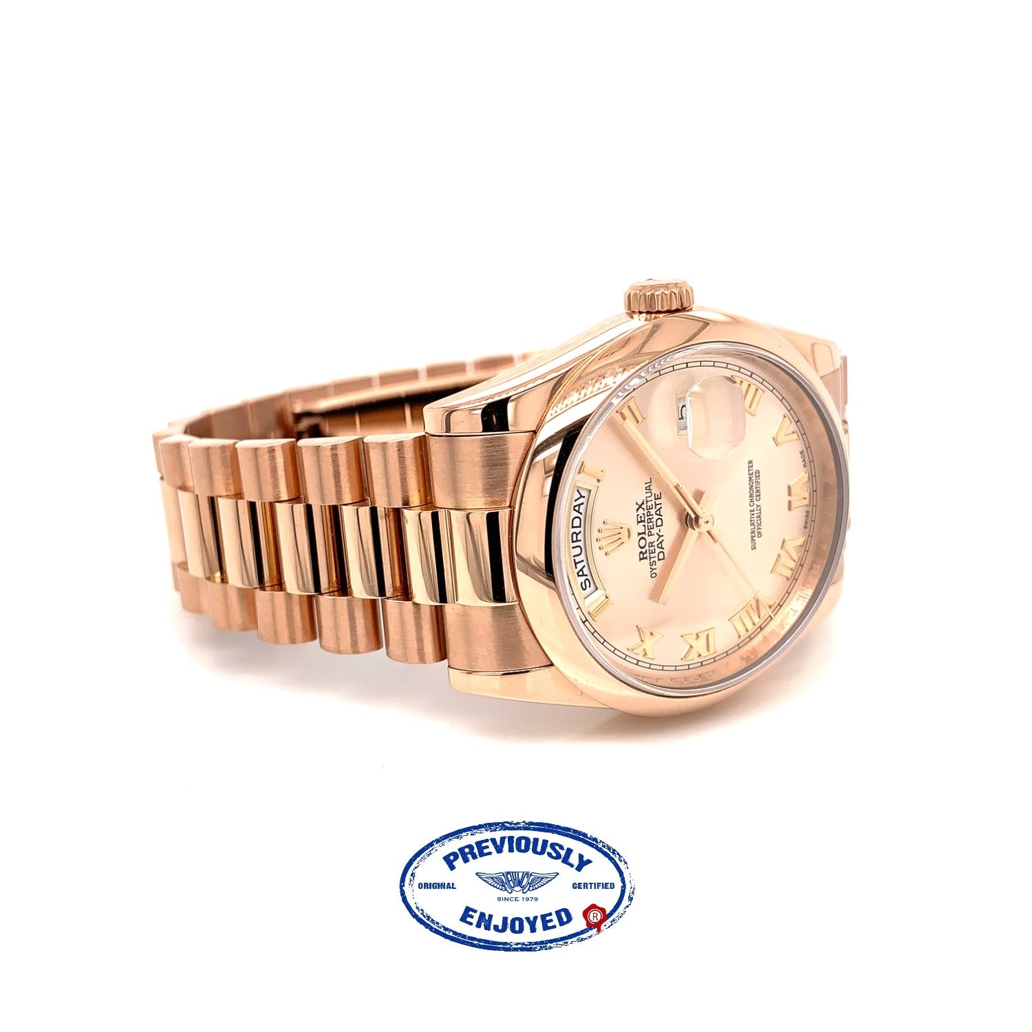 Rolex 36MM Day-Date President Everose Champagne Rose Roman Dial 118205 35E0AM - Beverly Hills Watch Company