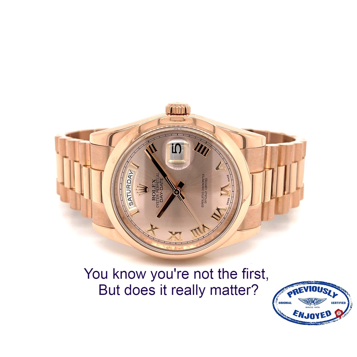 Rolex 36MM Day-Date President Everose Champagne Rose Roman Dial 118205 35E0AM - Beverly Hills Watch Company