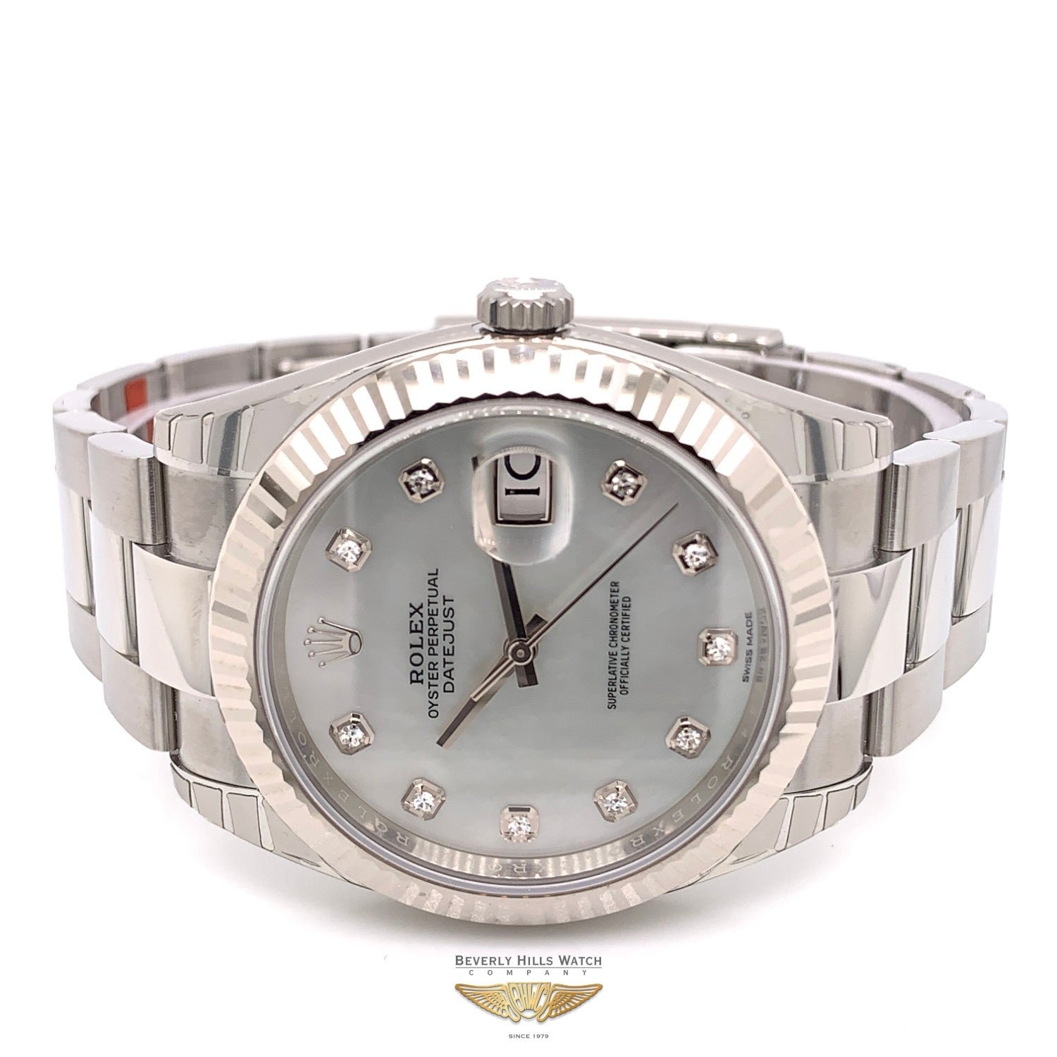 Rolex Datejust 41mm White Gold Fluted Bezel White Mother of Pearl Diamond Dial 126334 UDTAYN