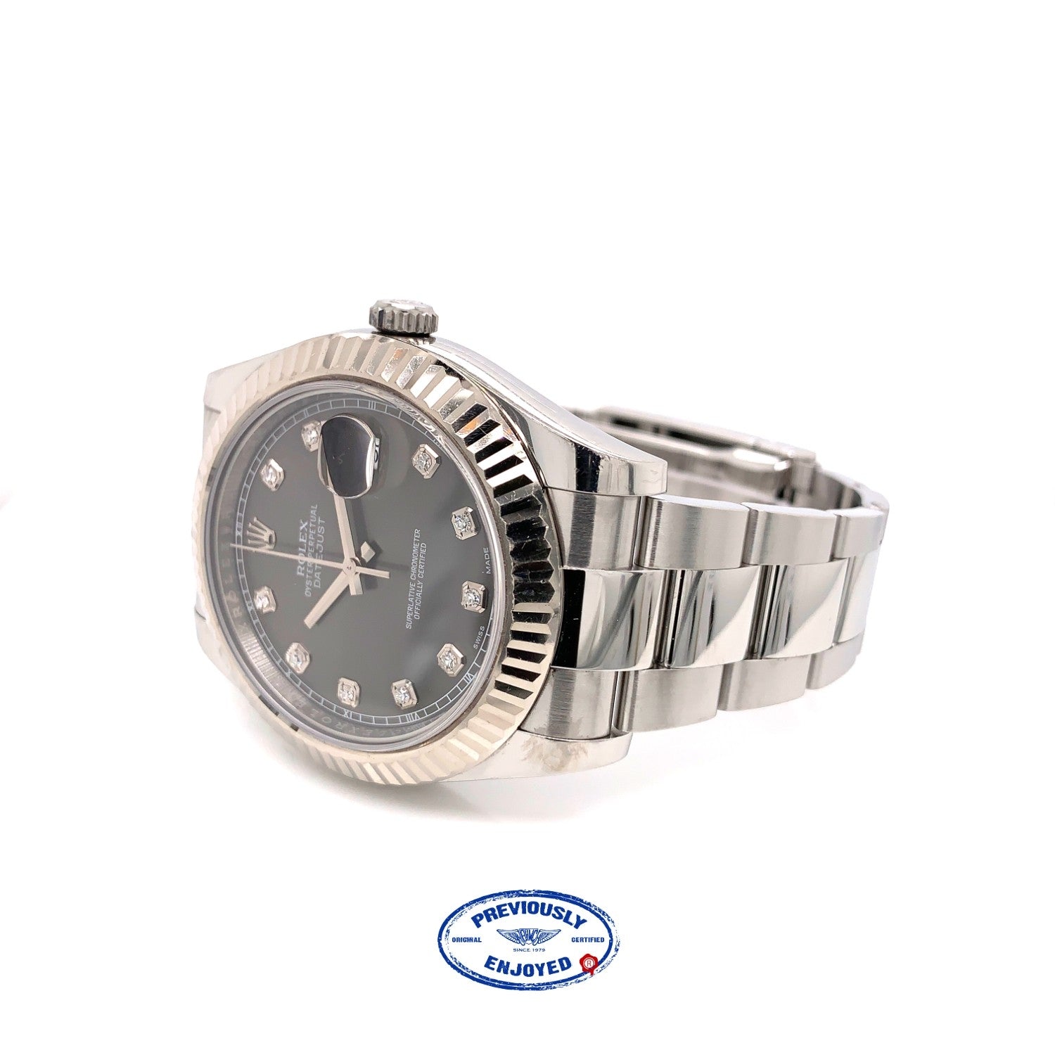 Rolex Datejust II 41MM White Gold Fluted Bezel Slate Diamond Dial 116334 53DH8R