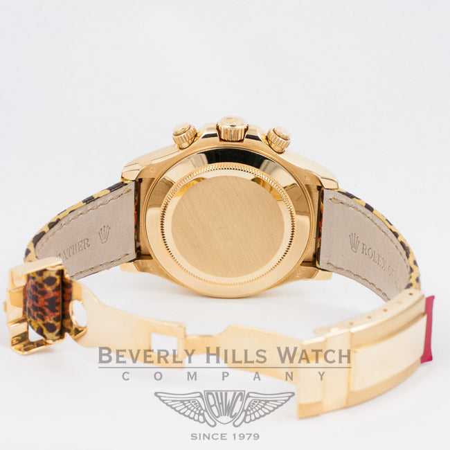 Rolex Daytona Yellow Gold Cognac Saphire Bezel Diamod Dial Leopard 116598 Beverly Hills Watch Company Watches
