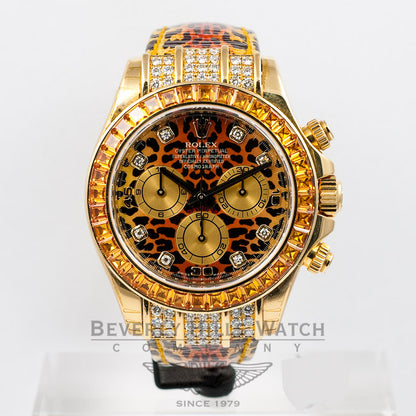 Rolex Daytona Yellow Gold Cognac Saphire Bezel Diamod Dial Leopard 116598 Beverly Hills Watch Company Watches