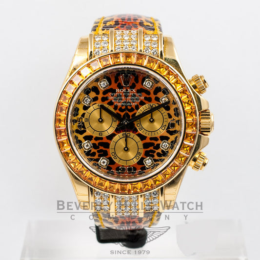 Rolex Daytona Yellow Gold Cognac Saphire Bezel Diamod Dial Leopard 116598 Beverly Hills Watch Company Watches
