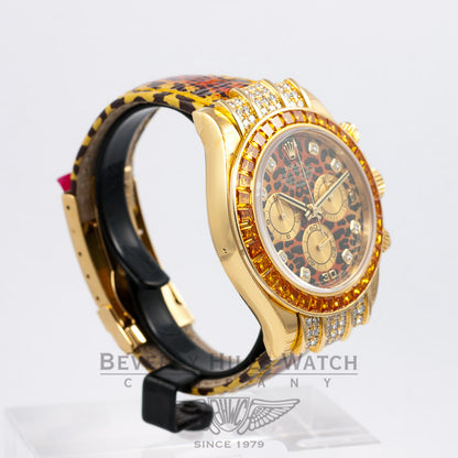 Rolex Daytona Yellow Gold Cognac Saphire Bezel Diamod Dial Leopard 116598 Beverly Hills Watch Company Watches
