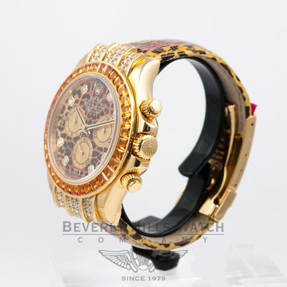 Rolex Daytona Yellow Gold Cognac Saphire Bezel Diamod Dial Leopard 116598 Beverly Hills Watch Company Watches