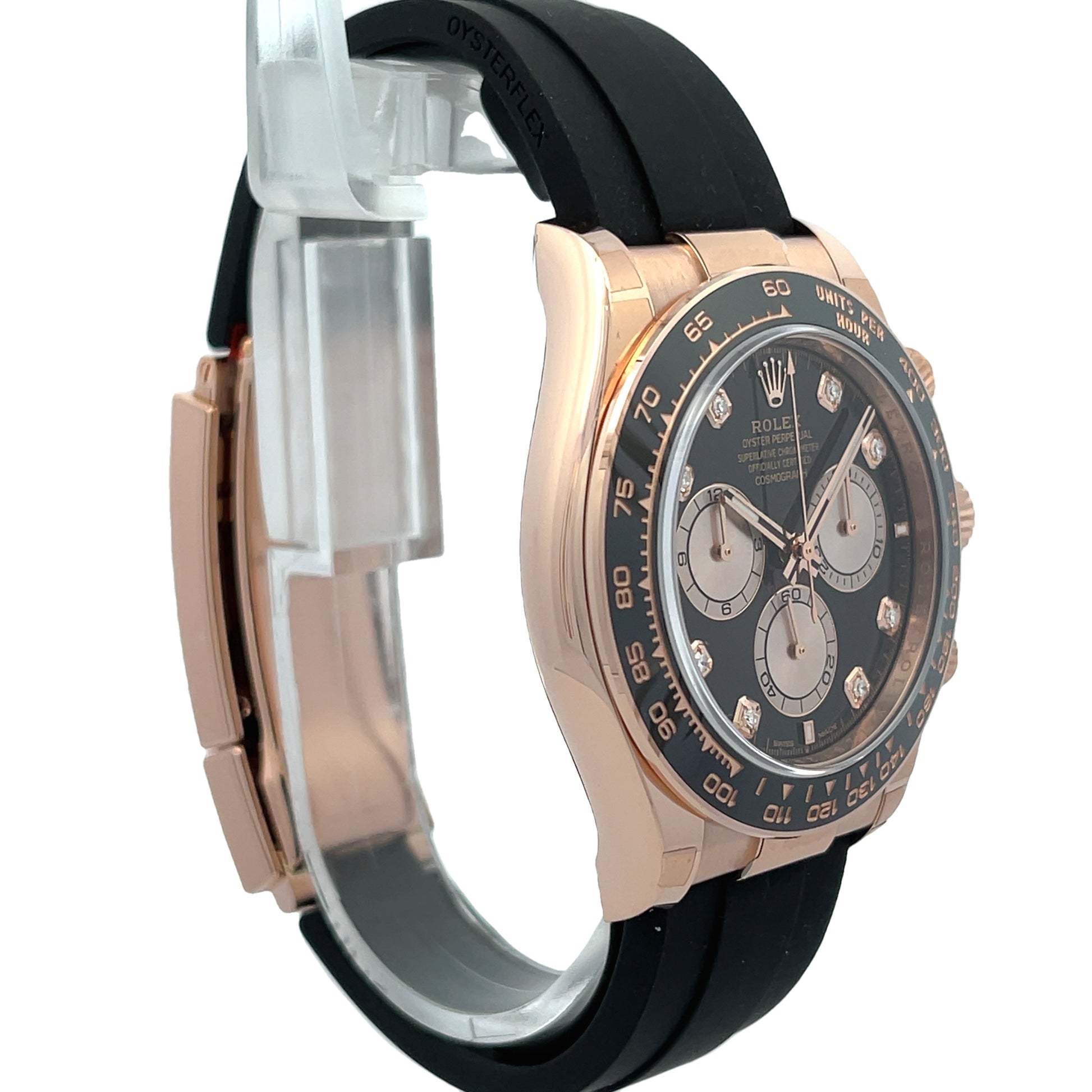 Rolex Daytona Everose Black Sundust Diamond Dial Oysterflex 126515LN - Beverly Hills Watch Company