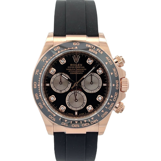 Rolex Daytona Everose Black Sundust Diamond Dial Oysterflex 126515LN - Beverly Hills Watch Company
