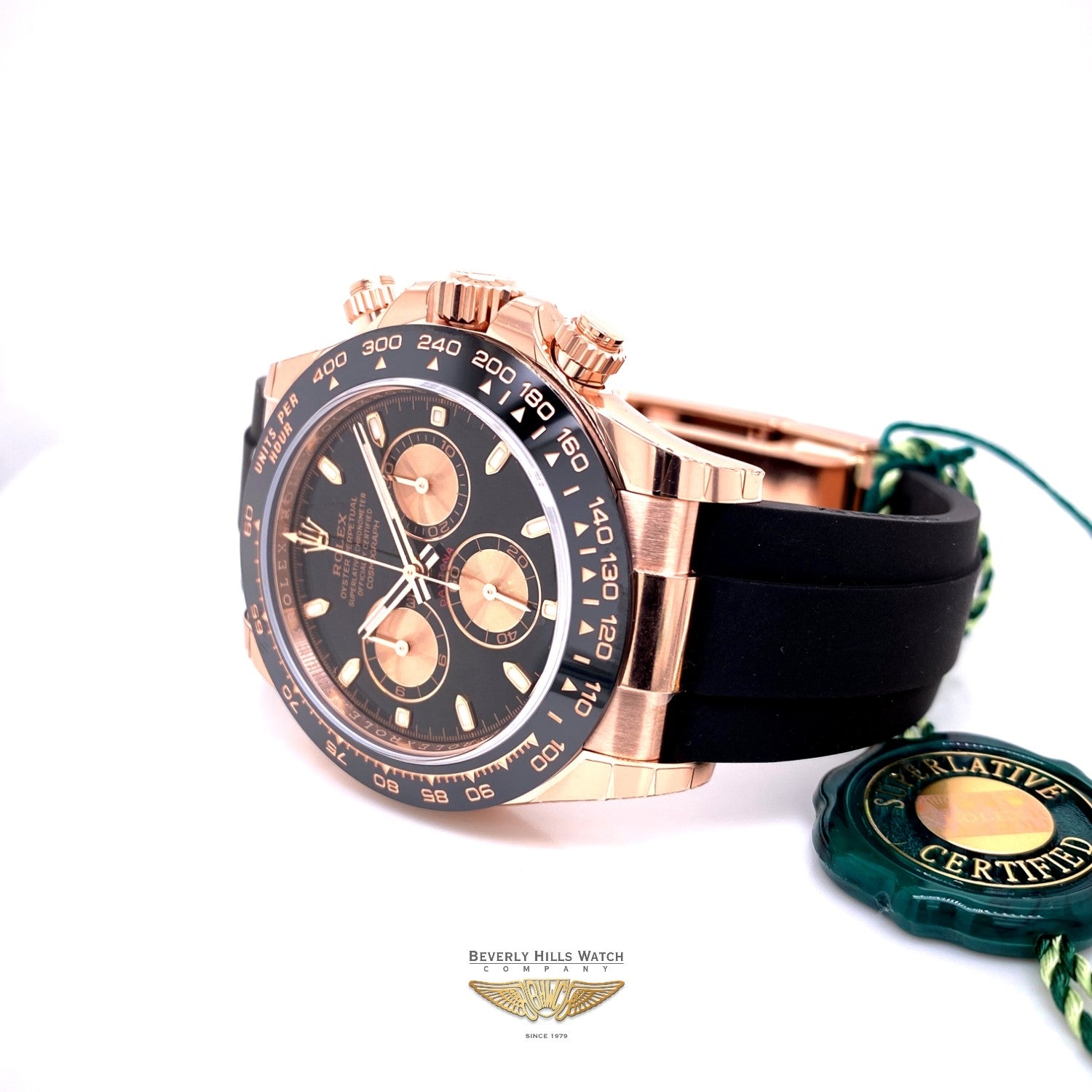 Rolex Daytona Everose Cerachrom Bezel Black Dial Oysterflex 116515LN - Beverly Hills Watch Company
