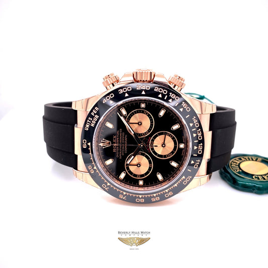 Rolex Daytona Everose Cerachrom Bezel Black Dial Oysterflex 116515LN - Beverly Hills Watch Company