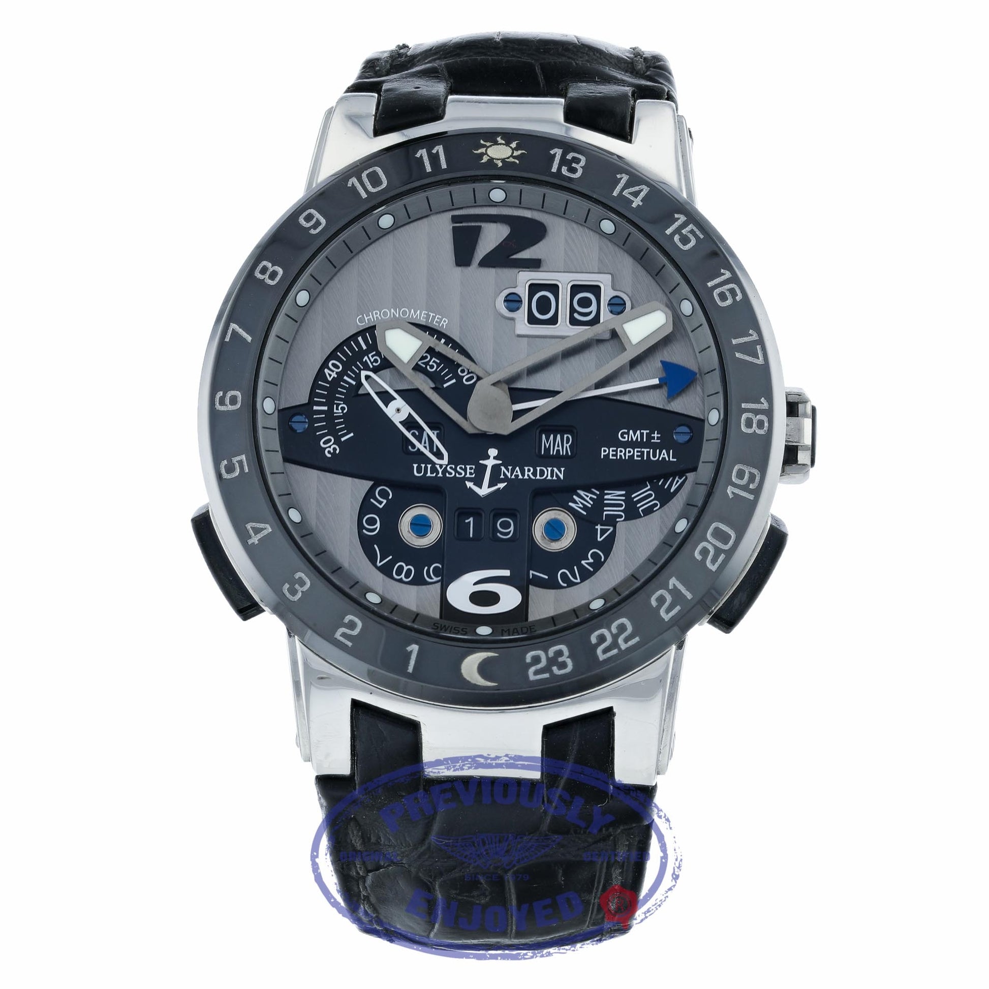 Ulysse Nardin El Toro GMT Silver Dial Platinum Perpetual Calendar 43mm 329-00 9791Z0 - Beverly Hills Watch Company