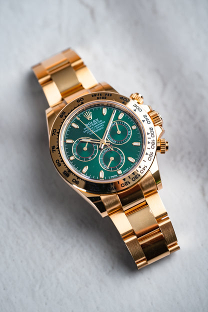 Rolex Daytona Yellow Gold Anniversary Green 116508 - Beverly Hills Watch Company