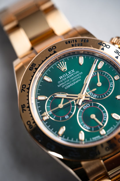 Rolex Daytona Yellow Gold Anniversary Green 116508 - Beverly Hills Watch Company