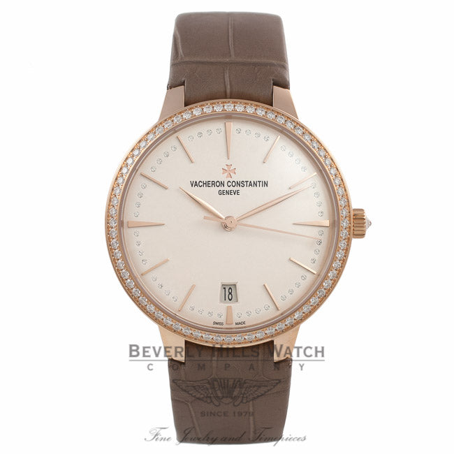 Vacheron Constantin Patrimony 36MM 18k Rose Gold Diamond Bezel Silver Diamond Dial X85R8877 562PNP - Beverly Hills Watch Company Watch Store
