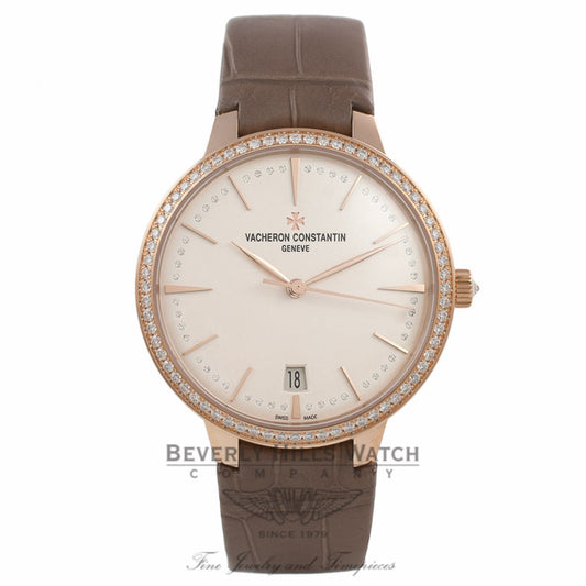 Vacheron Constantin Patrimony 36MM 18k Rose Gold Diamond Bezel Silver Diamond Dial X85R8877 562PNP - Beverly Hills Watch Company Watch Store