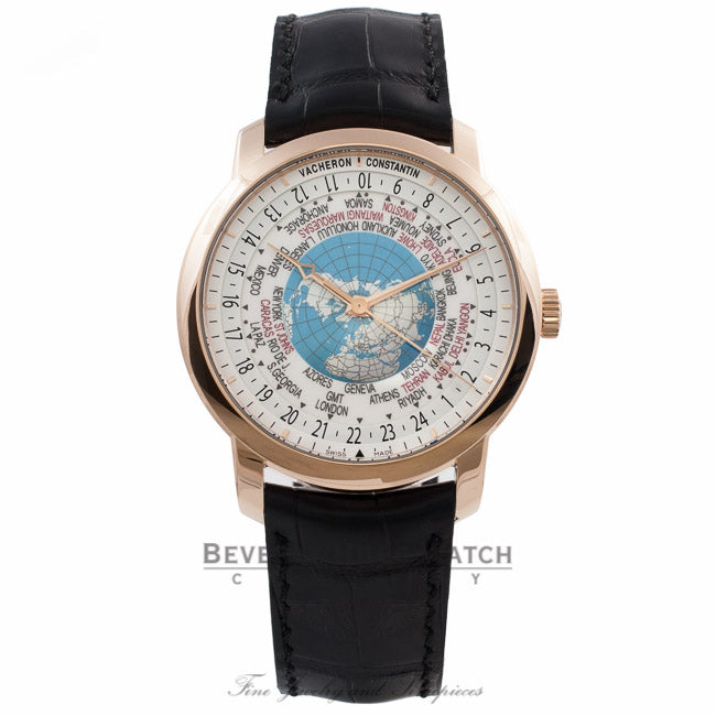 Vacheron Constantin Patrimony Traditionnelle World Time Rose Gold White Dial Globe Black Alligator Strap 86060/000R-9640 NLX0T7 - Beverly Hills Watch Store