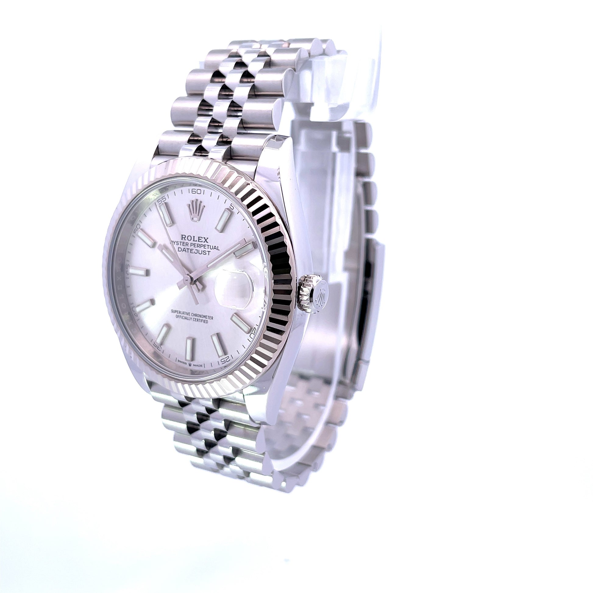 Rolex Datejust 41mm White Gold Fluted Silver Stick Dial Jubilee Bracelet 126334  - Beverly Hills Watch Company