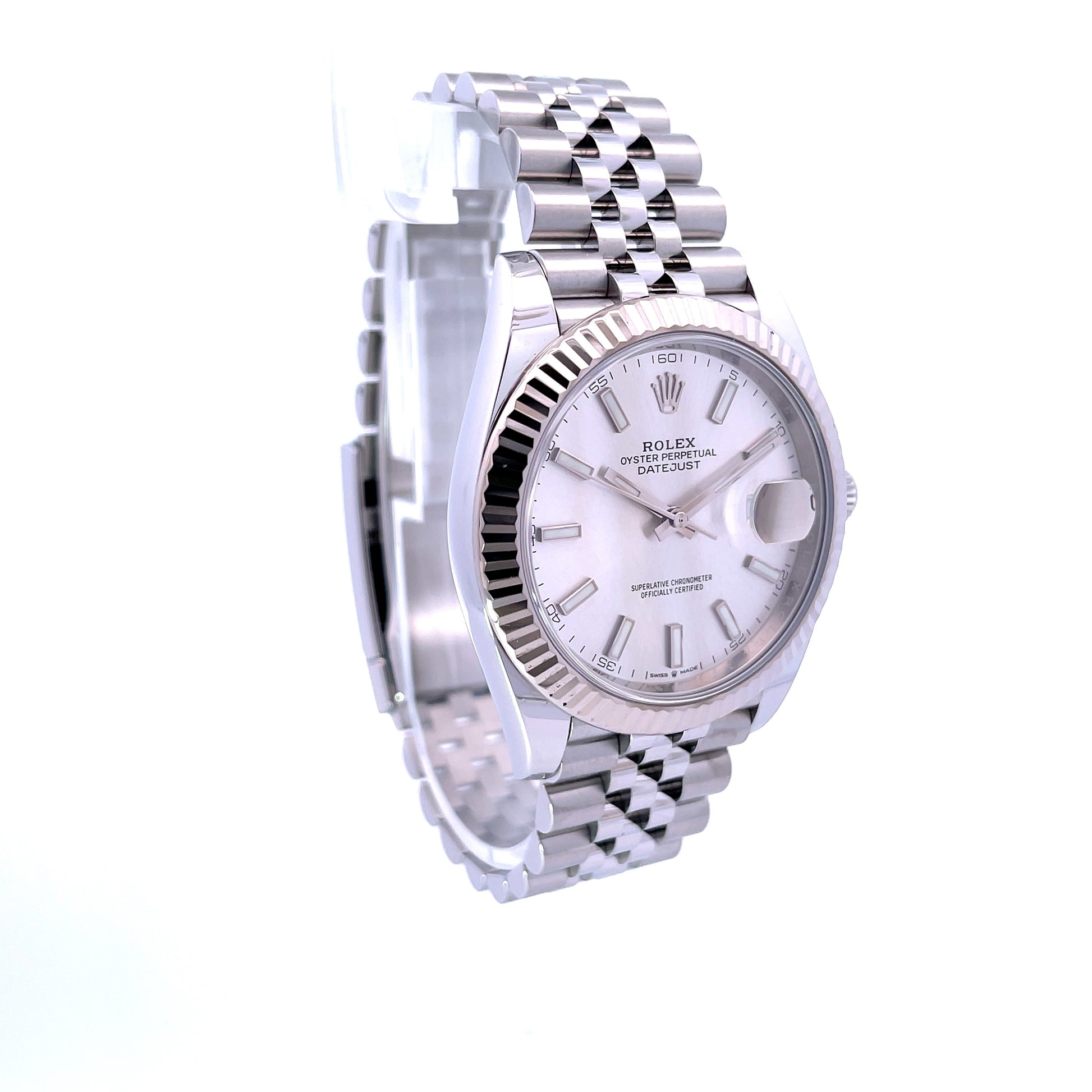 Rolex Datejust 41mm White Gold Fluted Silver Stick Dial Jubilee Bracelet 126334  - Beverly Hills Watch Company