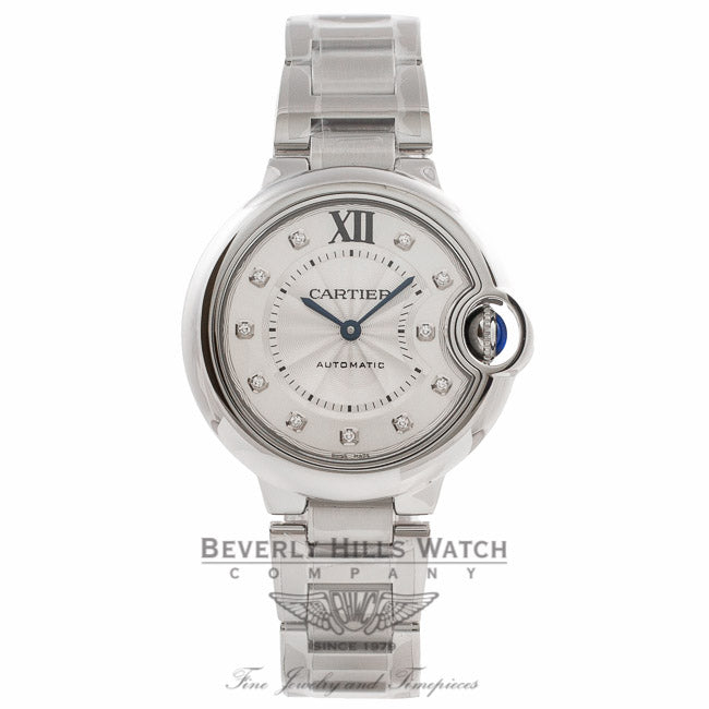 Cartier Ballon Bleu 33MM Silver Diamond Dial Stainless Steel Automatic WE902074 VT1E9R - Beverly Hills Watch Company Watch Store