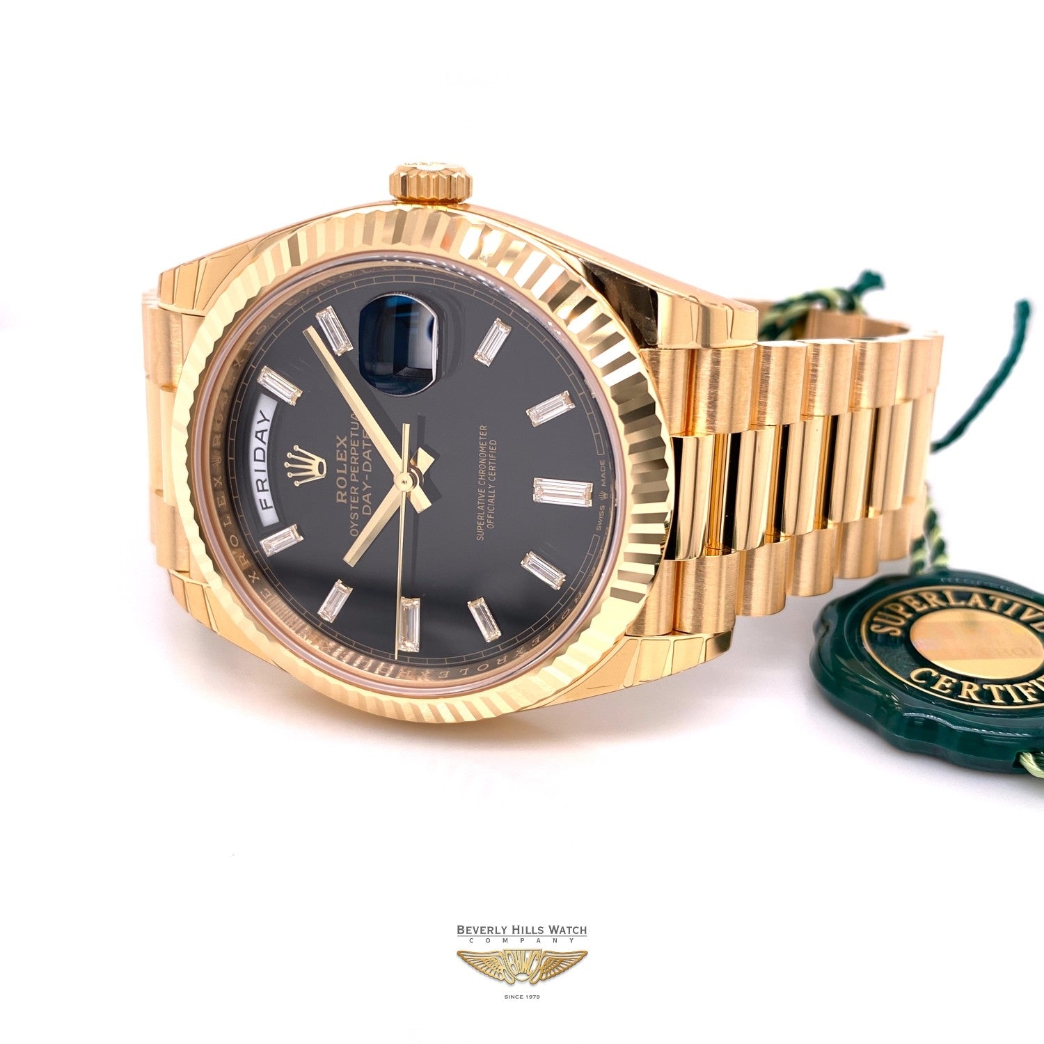 Rolex Day-Date President 40MM Yellow Gold Fluted Bezel Black Dial 228238 WQZLJX - Beverly Hills Watch Company