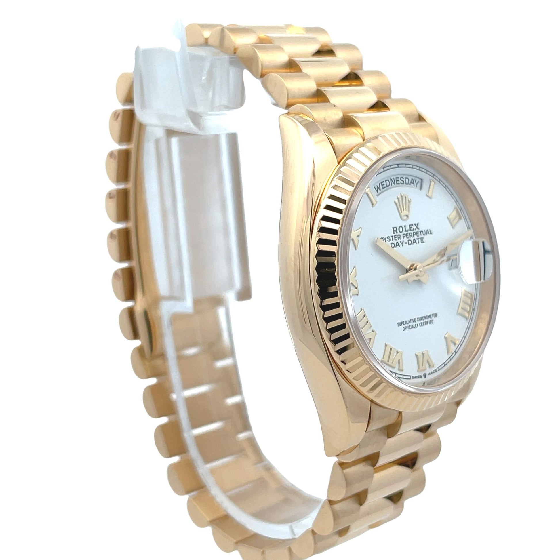 Rolex Day-Date 36mm Yellow Gold President White Dial Gold Roman 128238 - Beverly Hills Watch Company