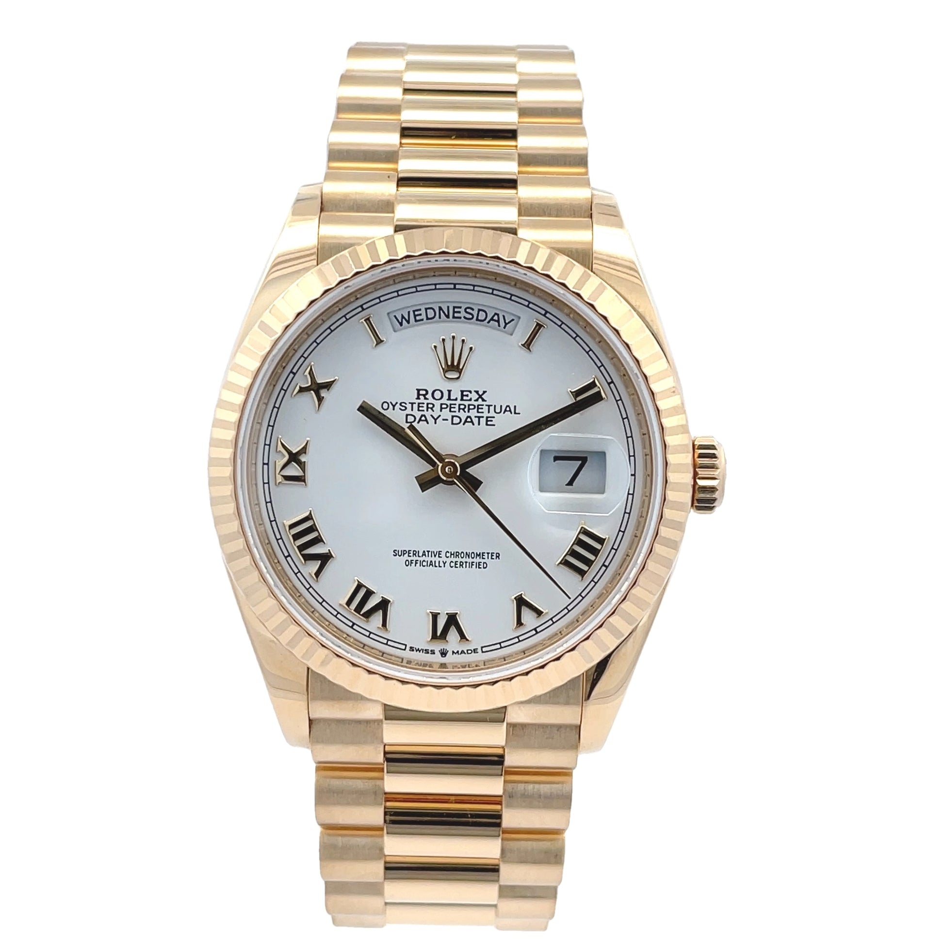 Rolex Day-Date 36mm Yellow Gold President White Dial Gold Roman 128238 - Beverly Hills Watch Company