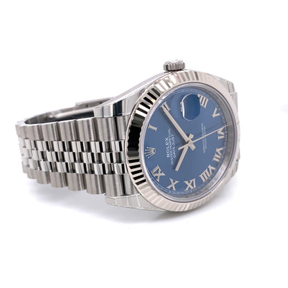 Rolex Datejust 41mm White Gold Fluted Blue Dial Silver Roman Jubilee Bracelet 126334 X6LC5N - Beverly Hills Watch