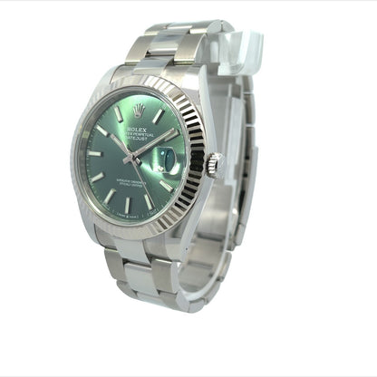 Rolex Datejust 41mm White Gold Fluted Bezel Green Dial Stainless Steel 126334 - Beverly Hills Watch Company