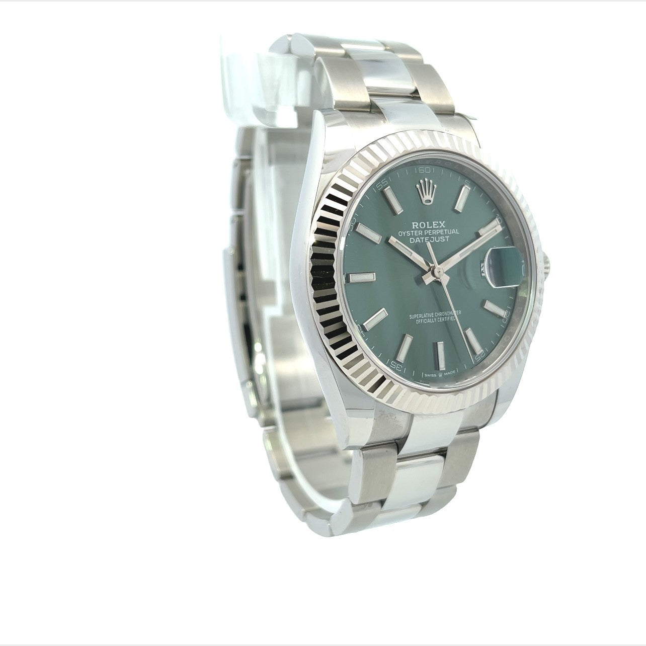 Rolex Datejust 41mm White Gold Fluted Bezel Green Dial Stainless Steel 126334 - Beverly Hills Watch Company