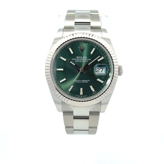Rolex Datejust 41mm White Gold Fluted Bezel Green Dial Stainless Steel 126334 - Beverly Hills Watch Company