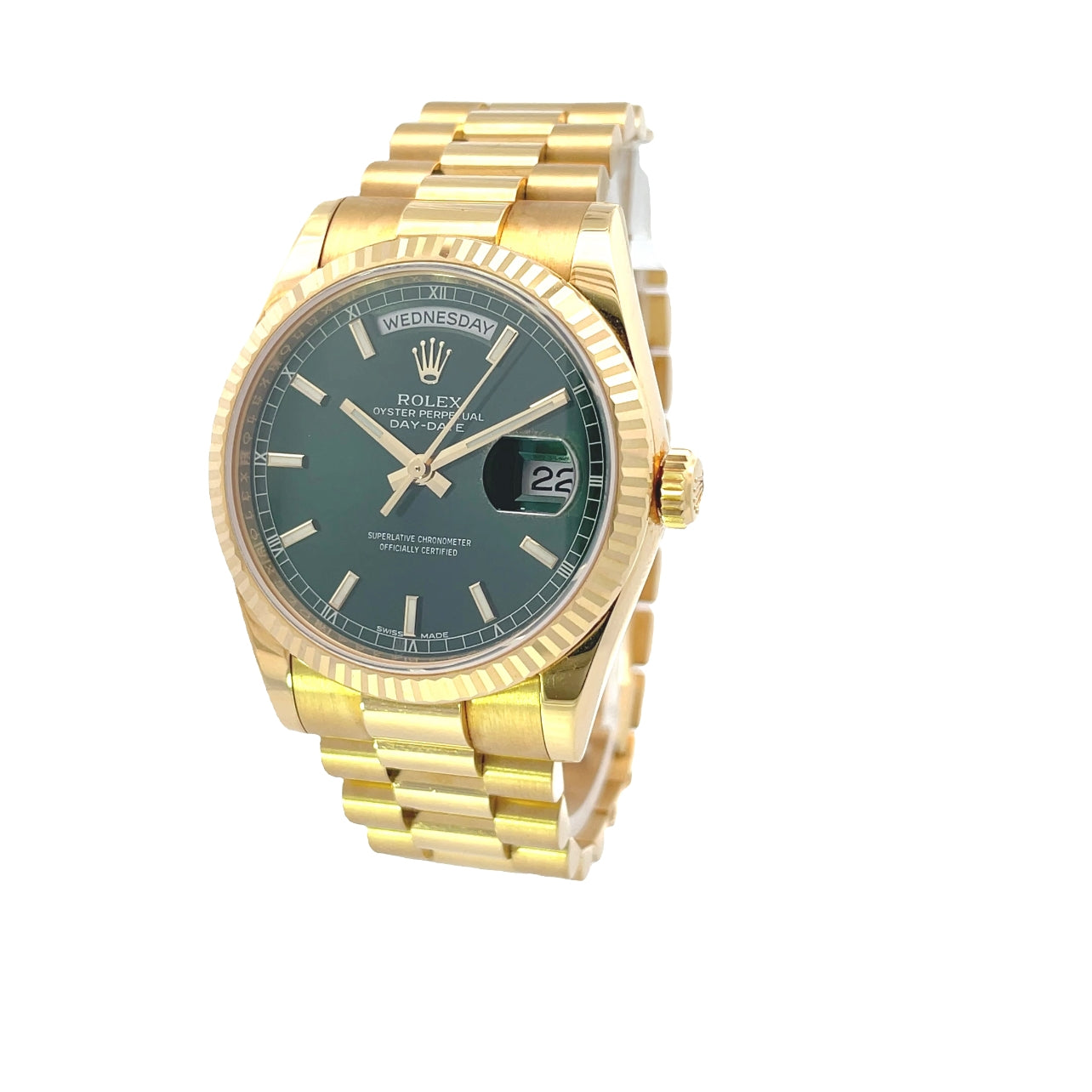 Rolex Day-Date President 36mm Yellow Gold Fluted Bezel Green Dial 118238 - Beverly Hills Watch Company