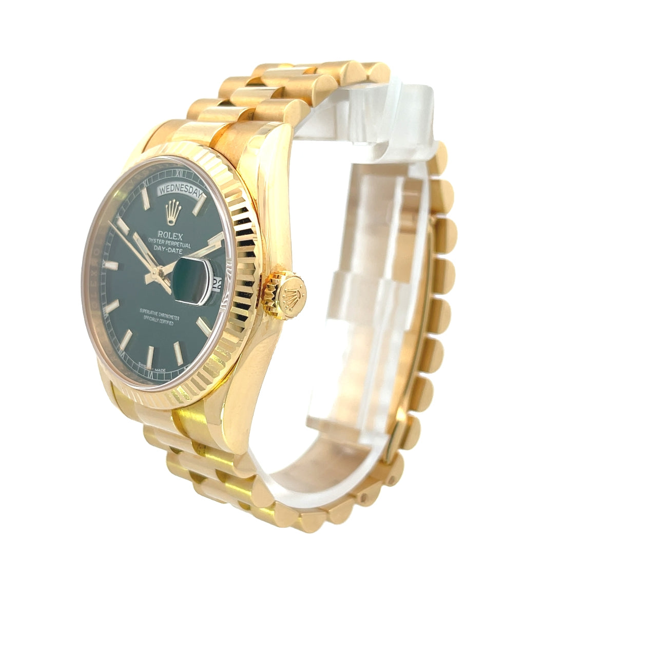 Rolex Day-Date President 36mm Yellow Gold Fluted Bezel Green Dial 118238 - Beverly Hills Watch Company