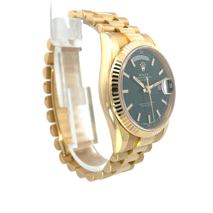 Rolex Day-Date President 36mm Yellow Gold Fluted Bezel Green Dial 118238 - Beverly Hills Watch Company