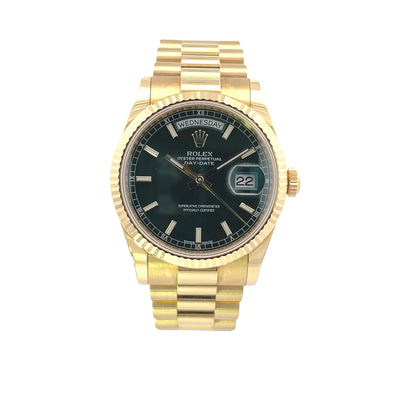Rolex Day-Date President 36mm Yellow Gold Fluted Bezel Green Dial 118238 - Beverly Hills Watch Company
