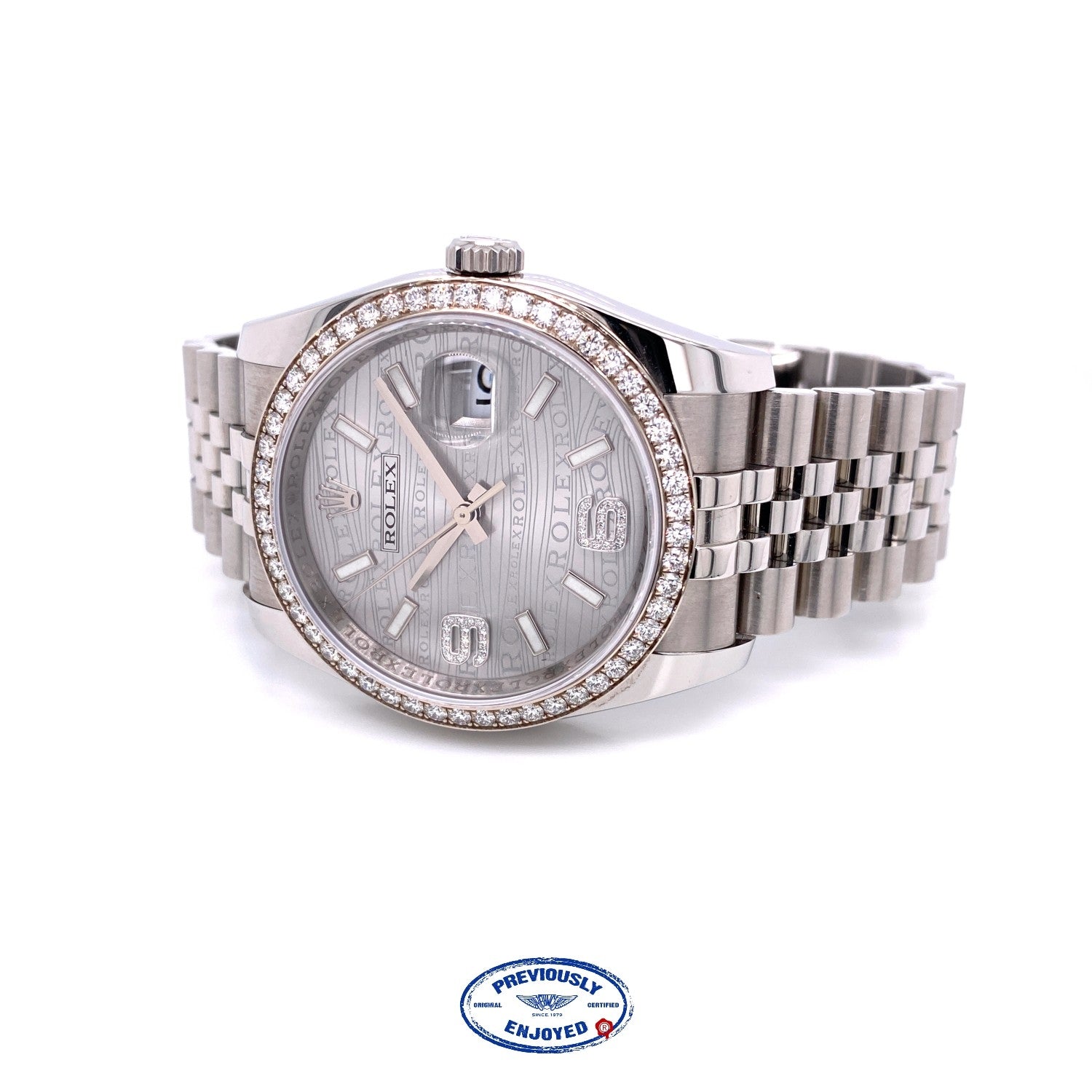 Rolex Datejust 36MM 18k White Gold Diamond Bezel Silver Diamond Dial 116244 Y1M9L5 - Beverly Hills Watch Company