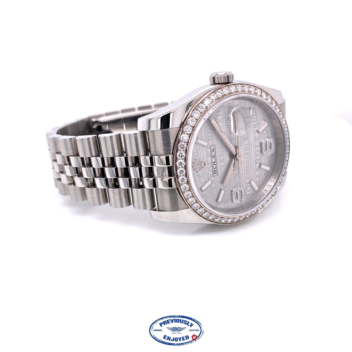 Rolex Datejust 36MM 18k White Gold Diamond Bezel Silver Diamond Dial 116244 Y1M9L5 - Beverly Hills Watch Company