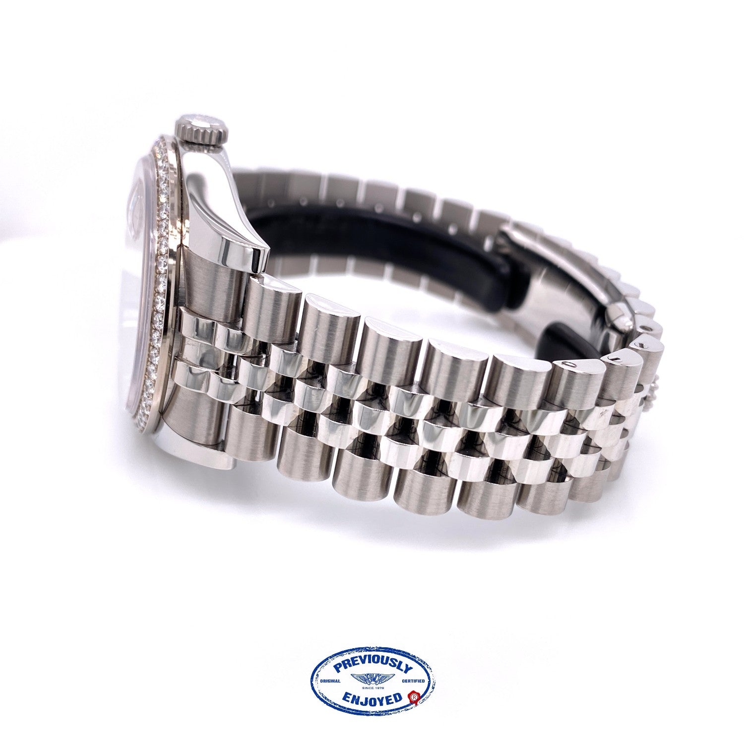 Rolex Datejust 36MM 18k White Gold Diamond Bezel Silver Diamond Dial 116244 Y1M9L5 - Beverly Hills Watch Company