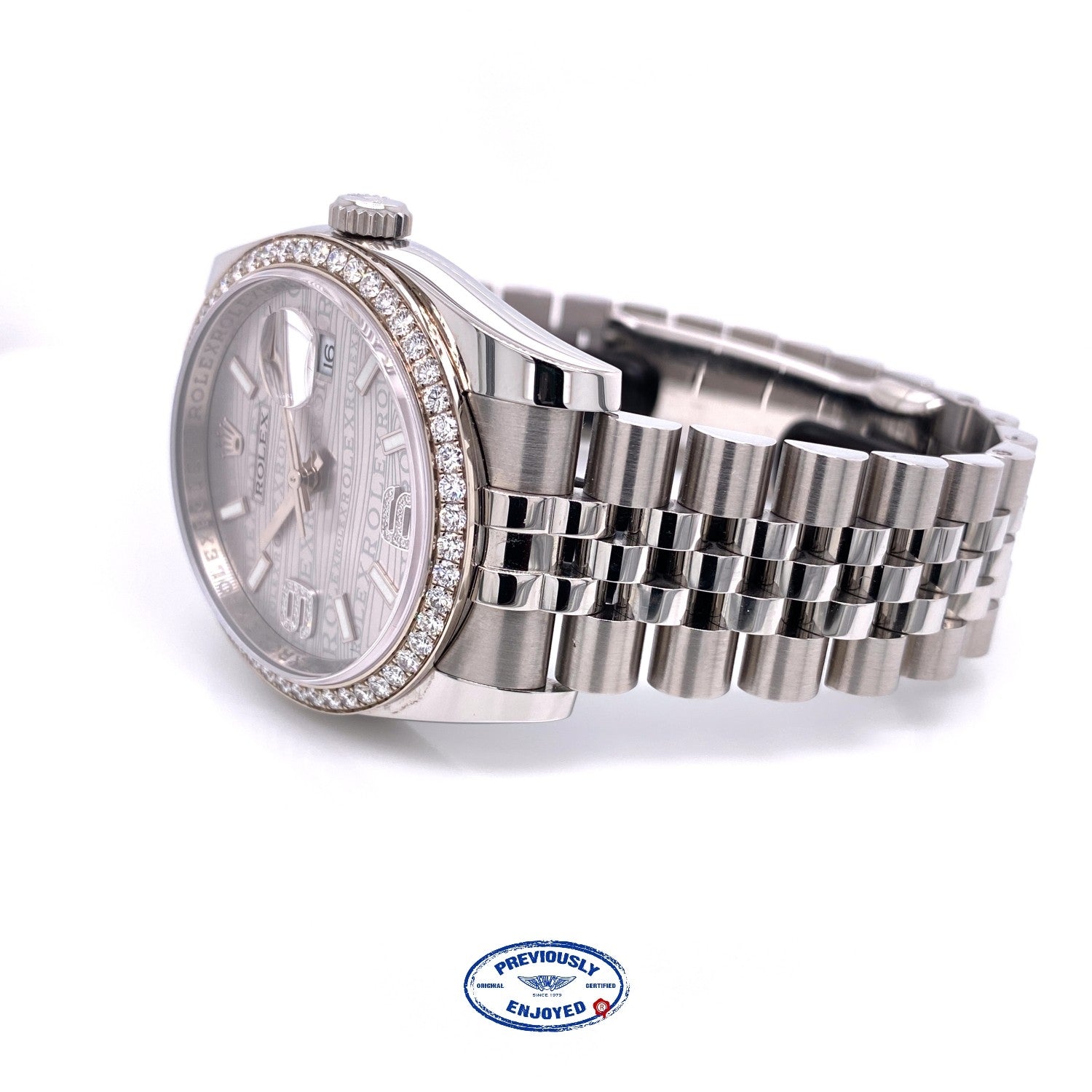 Rolex Datejust 36MM 18k White Gold Diamond Bezel Silver Diamond Dial 116244 Y1M9L5 - Beverly Hills Watch Company
