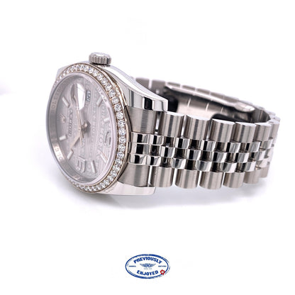 Rolex Datejust 36MM 18k White Gold Diamond Bezel Silver Diamond Dial 116244 Y1M9L5 - Beverly Hills Watch Company