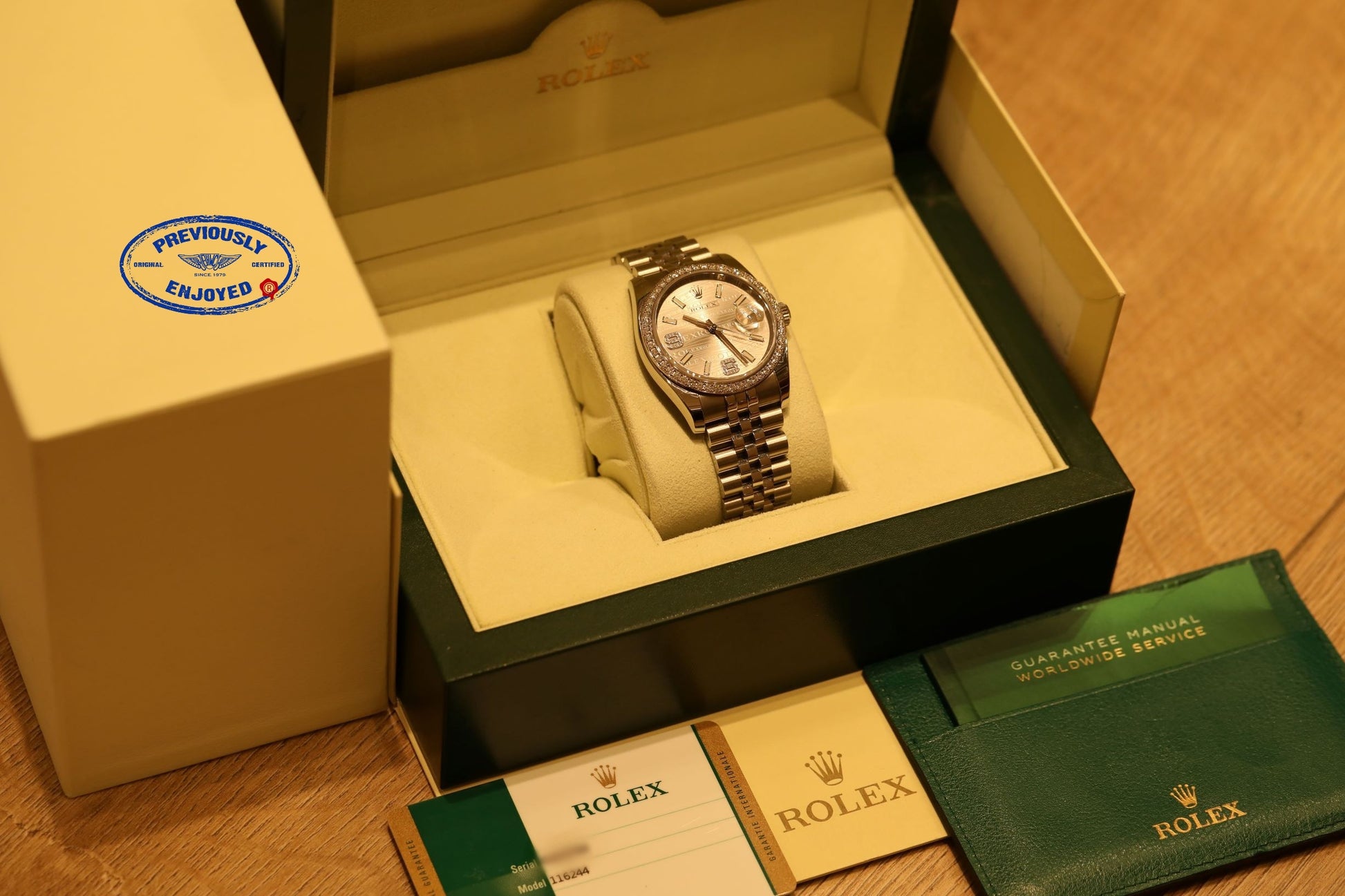 Rolex Datejust 36MM 18k White Gold Diamond Bezel Silver Diamond Dial 116244 Y1M9L5 - Beverly Hills Watch Company