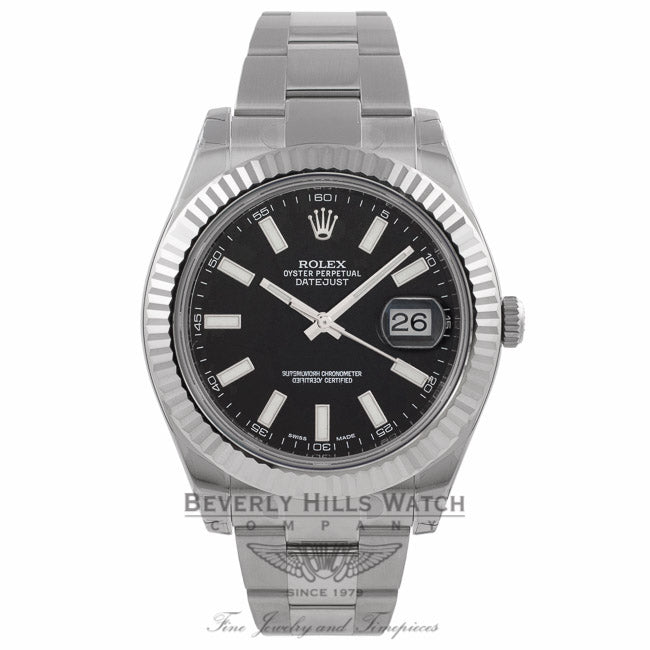 Rolex Datejust II 41mm Black Stick Dial Stainless Steel White Gold Fluted Bezel Oyster Bracelet Watch 116334 M207LE - Beverly Hills Watch Company Store