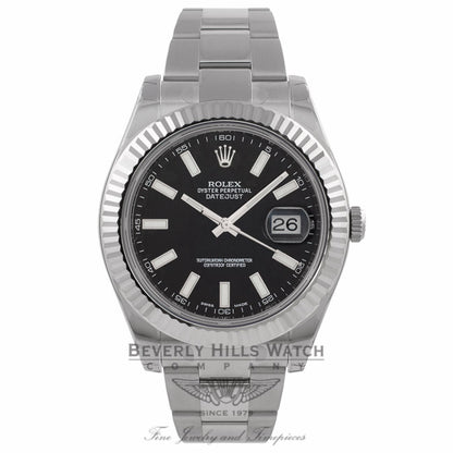 Rolex Datejust II 41mm Black Stick Dial Stainless Steel White Gold Fluted Bezel Oyster Bracelet Watch 116334 M207LE - Beverly Hills Watch Company Store