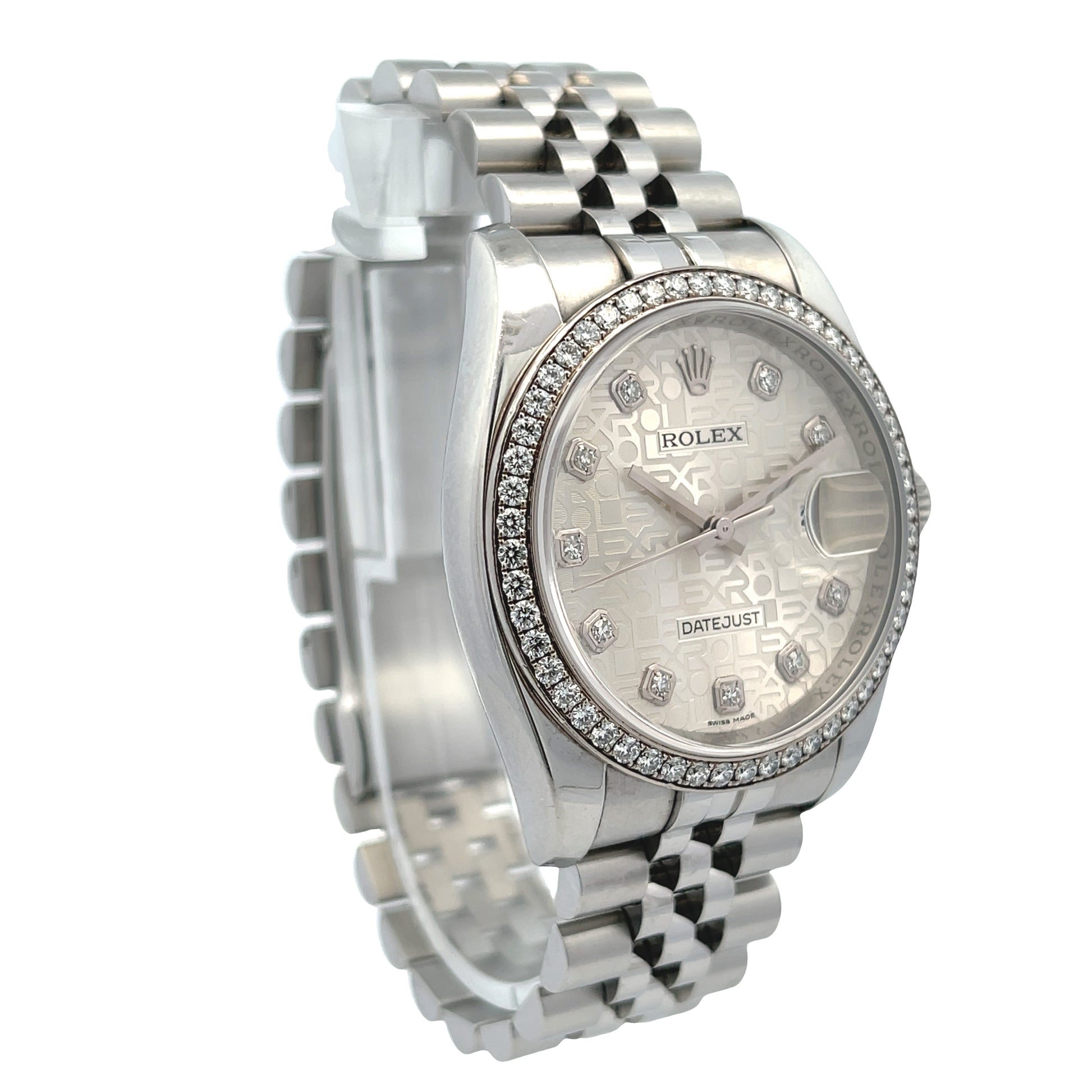 Rolex Datejust 36MM 18k White Gold Diamond Bezel Silver Floral Dial 116244 - Beverly Hills Watch Company