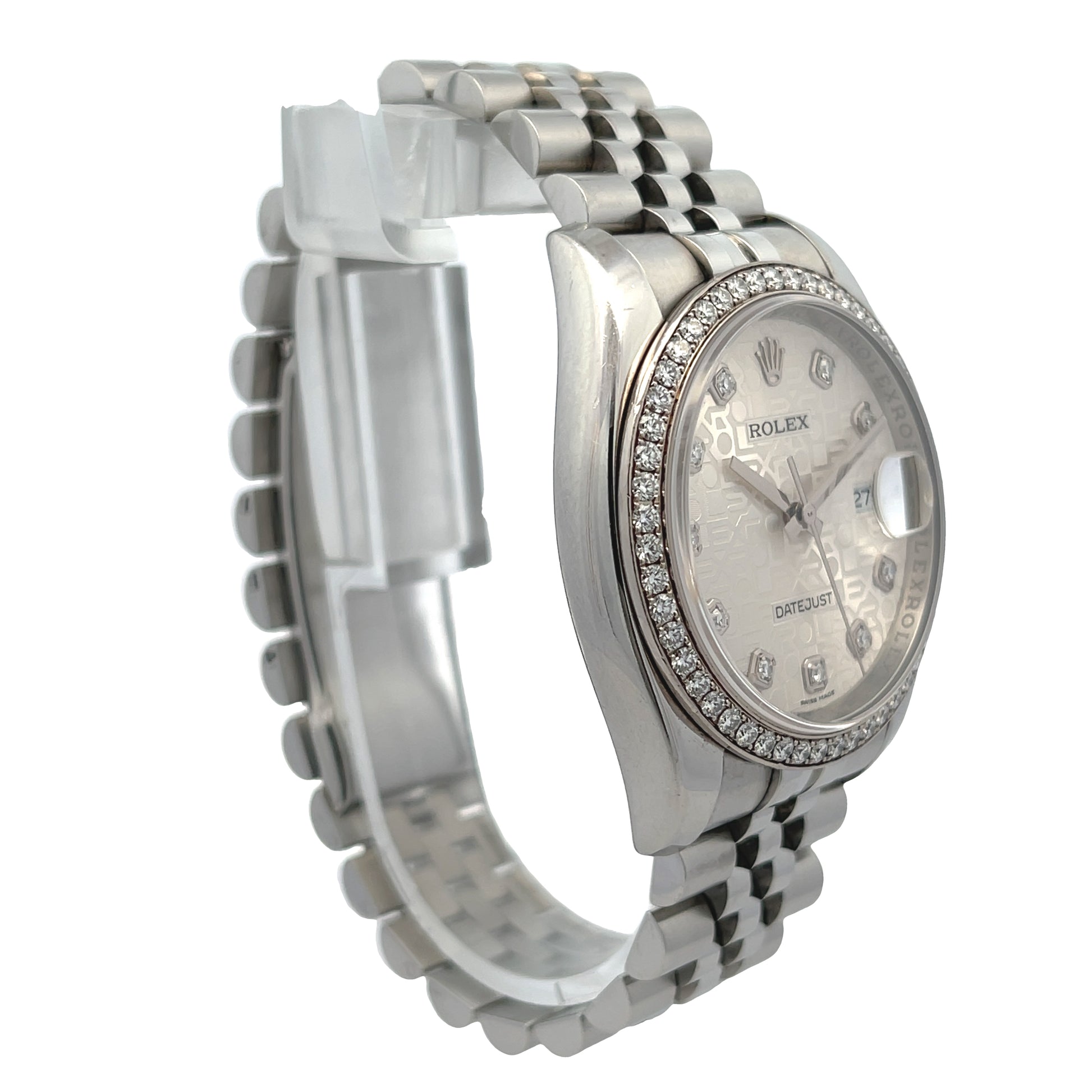 Rolex Datejust 36MM 18k White Gold Diamond Bezel Silver Floral Dial 116244 - Beverly Hills Watch Company